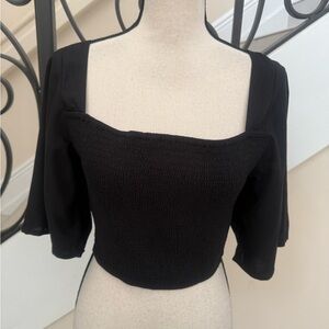 Shore Chic Black Smocked Women's Blouse with crisscross open back!